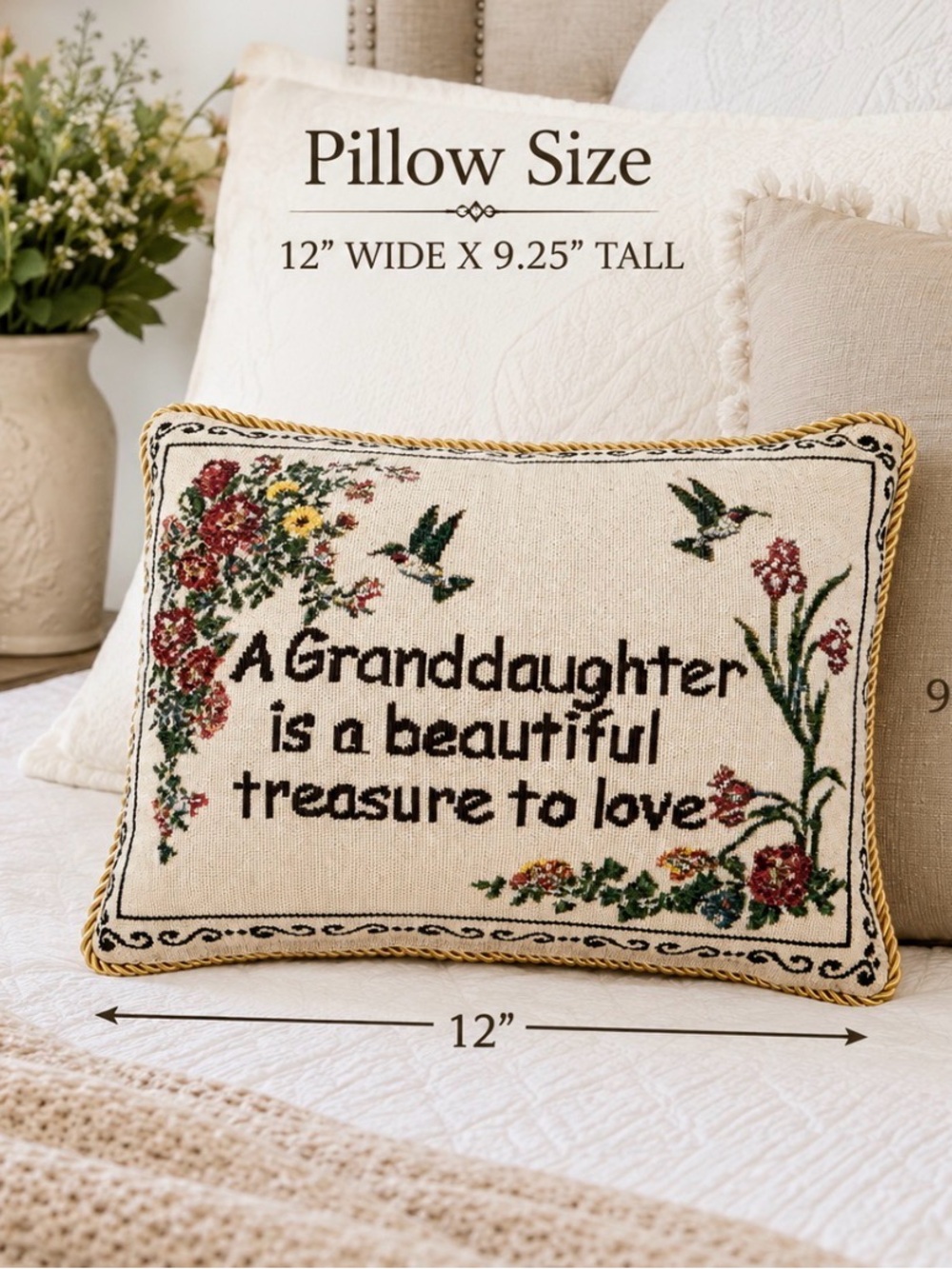 “A Granddaughter Is a Beautiful Treasure to Love” Floral Tapestry Throw Pillow